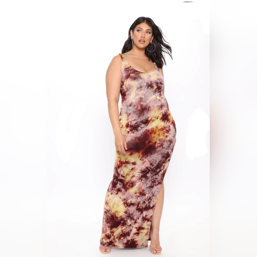🔵 XL Brown & Yellow Tie Dye Maxi Dress